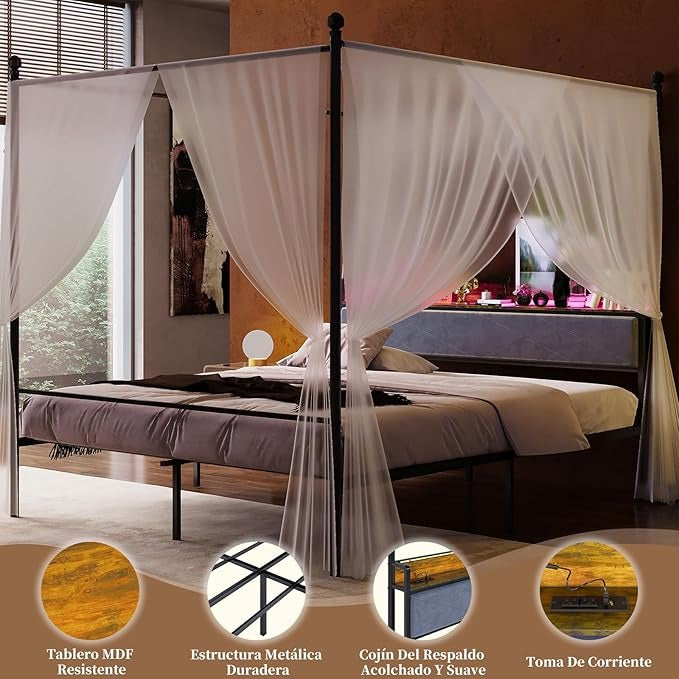 Cama Matrimonial con Mosquitera – Estructura 1.4M, Cabecero, Barra, 2 Puertos USB, Tomas de Carga y Luz LED