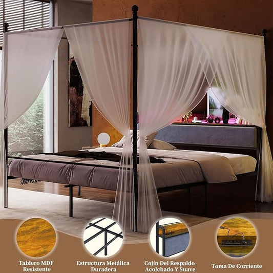 Cama Matrimonial con Mosquitera – Estructura 1.4M, Cabecero, Barra, 2 Puertos USB, Tomas de Carga y Luz LED