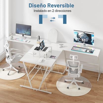 Escritorio en l,con regleta Escritorio en Forma de L Gamer,Escritorio esquinero,con Soporte para Monitor y Toma de Corriente,Escritorio para computadora for Gaming (Blanco)