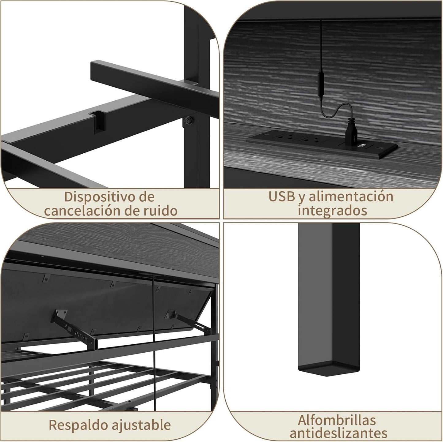 Cama Matrimonial Ajustable Okán – Cabecero con Almacenamiento, Cojines Grises, 2 Puertos USB y Luces LED