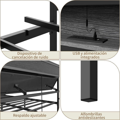 Cama Matrimonial Ajustable Okán – Cabecero con Almacenamiento, Cojines Grises, 2 Puertos USB y Luces LED
