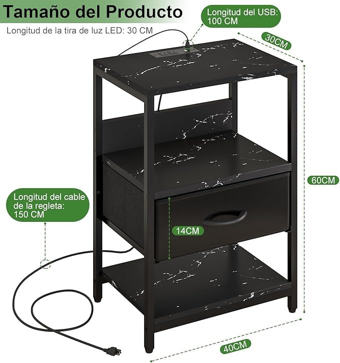 Buró / Mesita de Noche con LED – Mesa Auxiliar con 2 Enchufes y Puertos USB