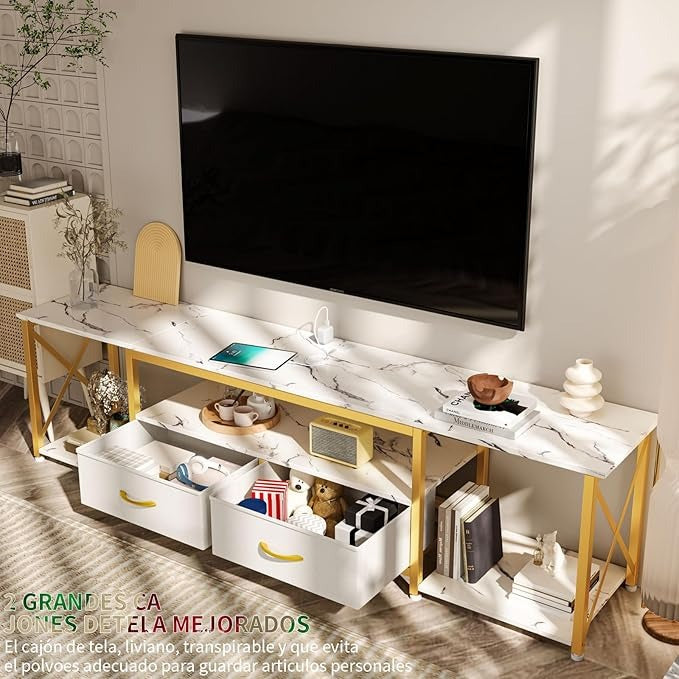 Simple Hogar Mueble TV 160CM – Blanco Mármol, con Regleta, 2 Cajones de Tela, para Televisor hasta 65 Pulgadas