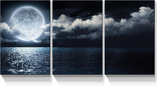 3 Panels Blue Ocean Under Moonlight Calmful Night Picture Giclee Prints Gallery Wrapped Stretched and Framed Ready to Hang Artwork Home Decoration
