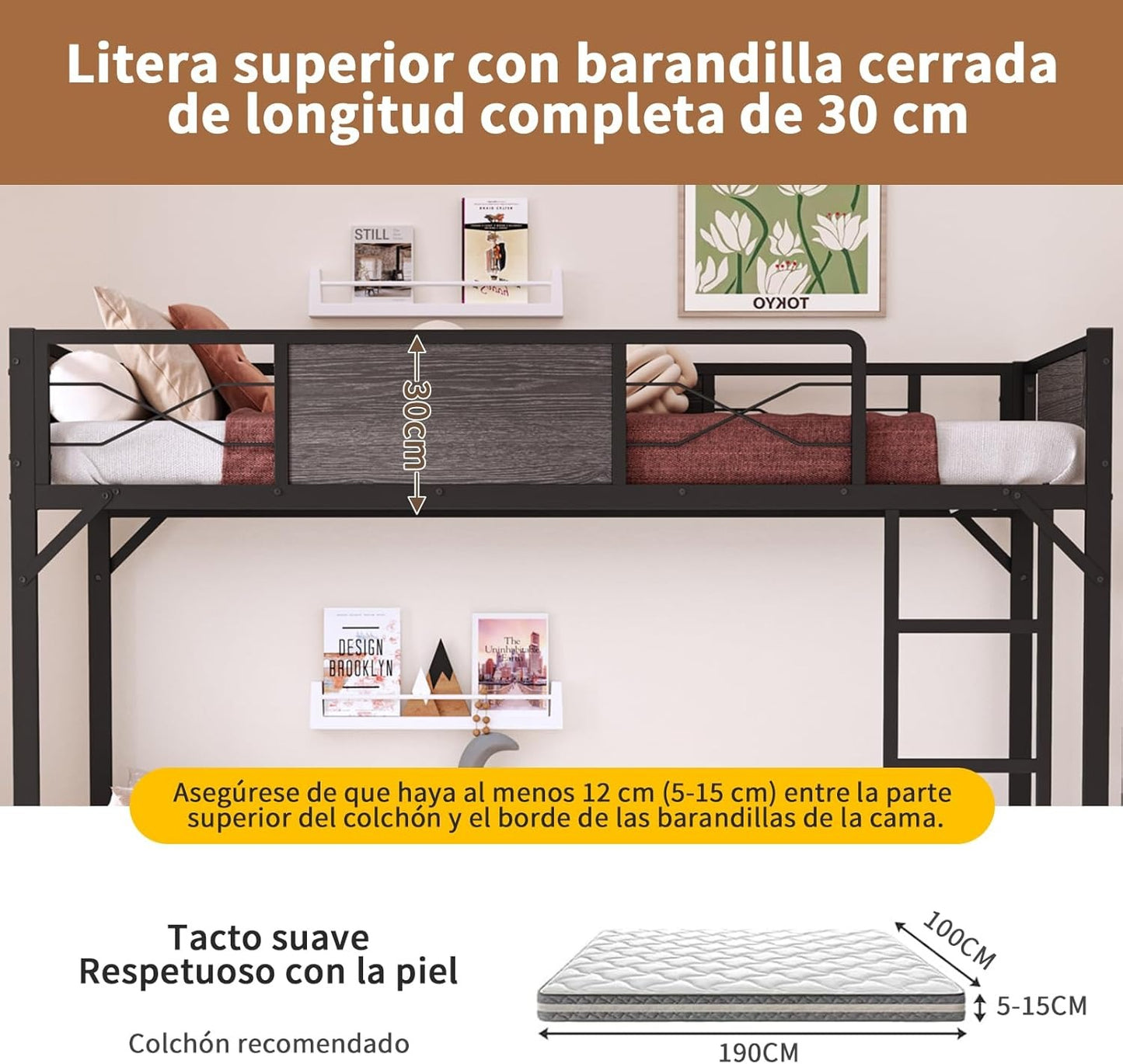 Litera Individual y Matrimonial de Hierro y Madera | Fuerte, Estable y Segura con Barandillas y Escalera – Ideal para Adultos y Hogar