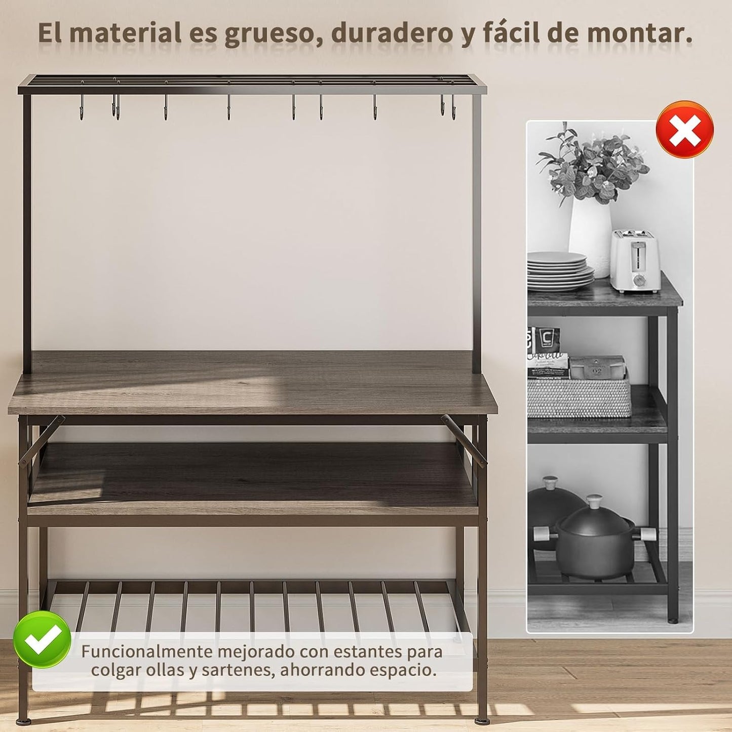 Mueble de Cocina 3 Niveles – Isla de Cocina con Tablero de Madera, 10 Ganchos, Agarradera y Fácil de Montar (120x60 cm)