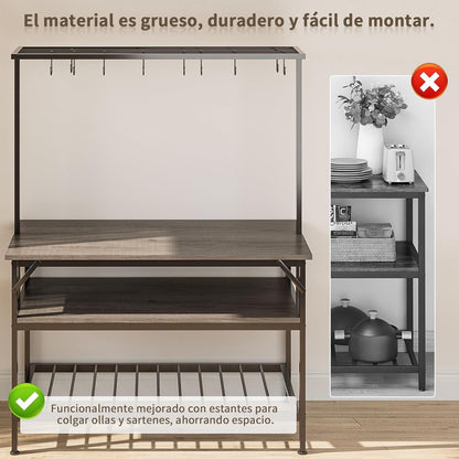 Mueble de Cocina 3 Niveles – Isla de Cocina con Tablero de Madera, 10 Ganchos, Agarradera y Fácil de Montar (120x60 cm)