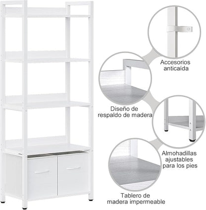 Librero Minimalista de 5 Niveles con Respaldo Semicerrado – Grande 155cm, con Cajón de Tela, Ideal para Dormitorio y Sala de Estar (Blanco)