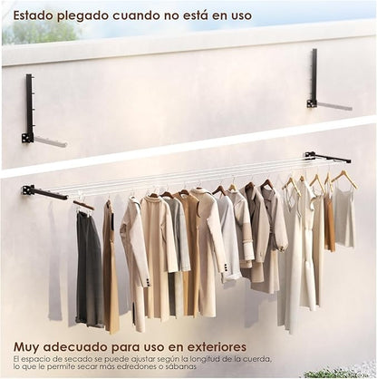 HOYRR Tendedero Plegable de Pared – Retráctil, 20 m de Cuerda, 30 Clips, Ideal para Dormitorios, Balcones y Espacios Pequeños