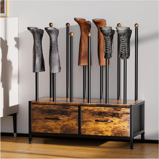 Boot Rack, Boot Organizer with 2 Cloth Drawer Storage, Free Standing Boot Racks with 12 Long Posts, for 6 Pairs Boot