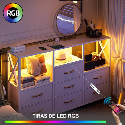 Cajonera Tocador con Luz LED y Enchufe | Mueble Organizador con 7 Cajones de Tela para Recámara Moderna