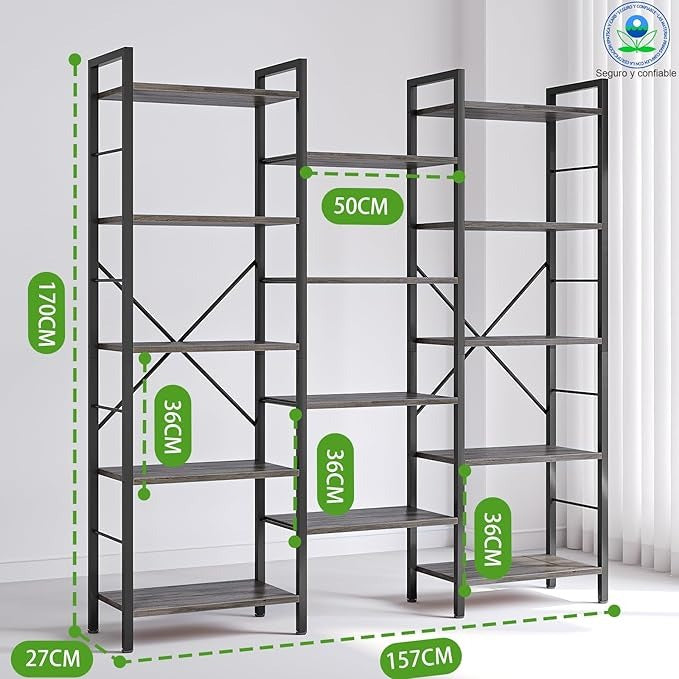 Librero Grande de 3 Columnas y 5 Niveles | Estantería de Madera Minimalista con 14 Compartimentos Abiertos – Organizador Moderno para Sala u Oficina (158×26×170 cm)