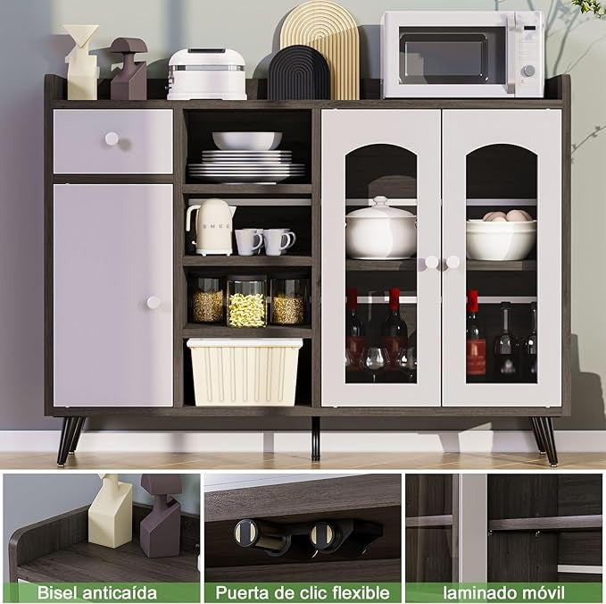 Alacena Moderna para Cocina y Comedor – Puerta de Vidrio Templado, Diseño Corredizo, Gris 120x90x35 CM