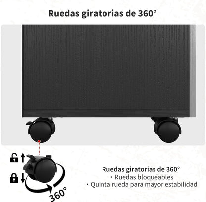 Archivero de Madera Blanco y Negro con 3 Cajones | Organizador de Oficina con Ruedas y Espacio para Impresora