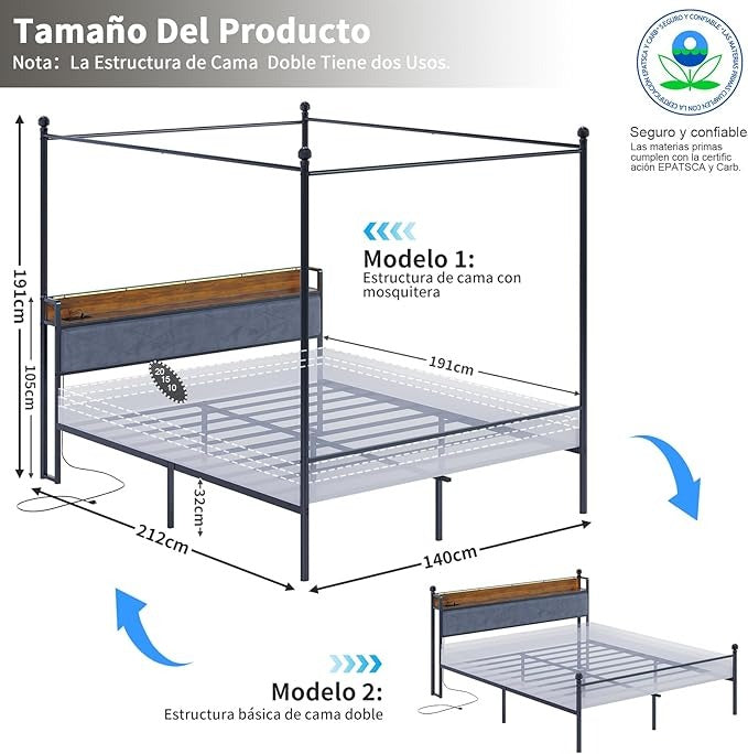 Cama Matrimonial con Mosquitera – Estructura 1.4M, Cabecero, Barra, 2 Puertos USB, Tomas de Carga y Luz LED