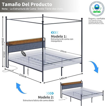 Cama Matrimonial con Mosquitera – Estructura 1.4M, Cabecero, Barra, 2 Puertos USB, Tomas de Carga y Luz LED