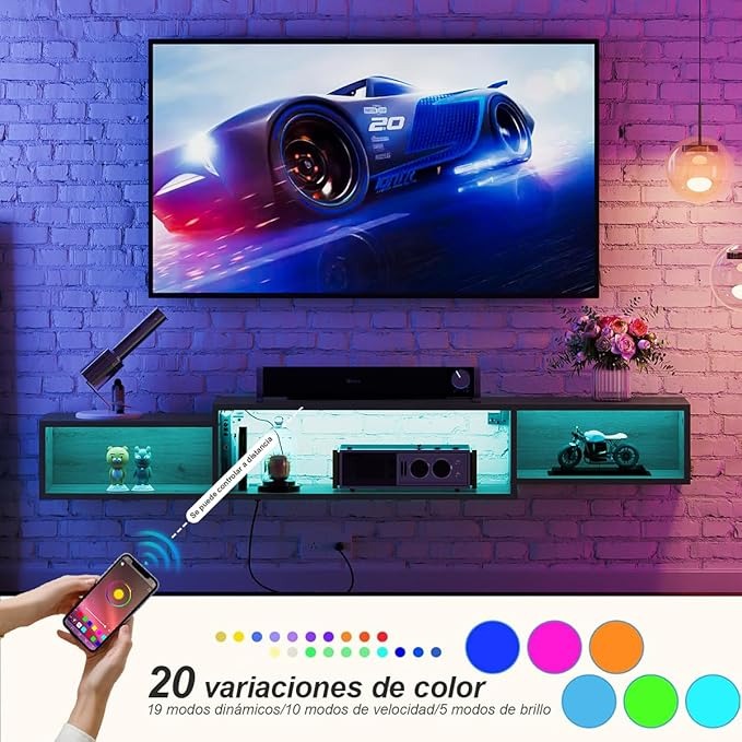 Mueble Flotante para TV 70" en Gris Oak – LED, 3 Espacios Abiertos, Enchufe Americano, Moderno y Ahorrador de Espacio