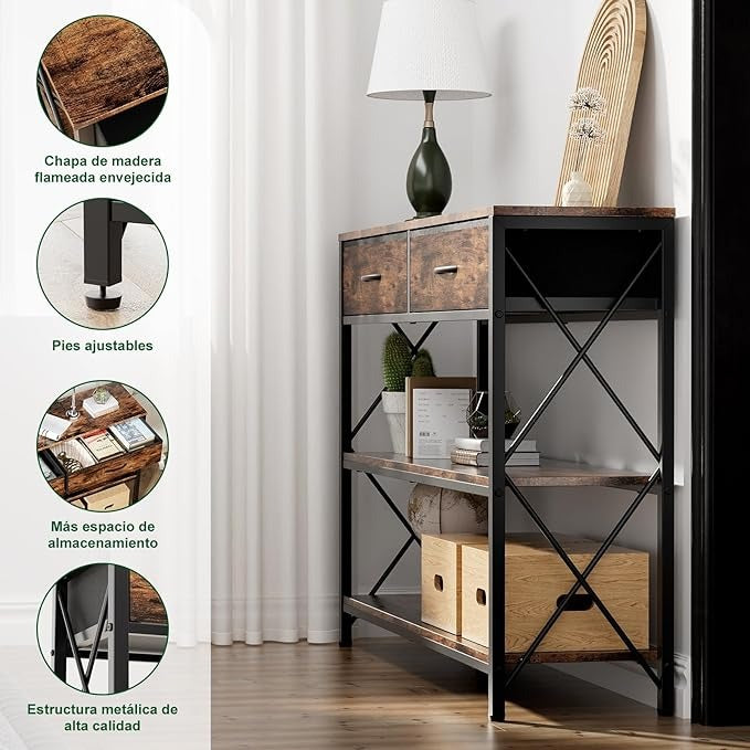 Credenza Moderna para Recibidor – 100CM, con 2 Cajones de Tela y Estantes Dobles, Ideal para Salón y Pasillo