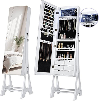 Espejo Joyero con Luces LED y Llave | Espejo Organizador de Pie y de Puerta con Almacenamiento para Joyería – 155×42×36 cm