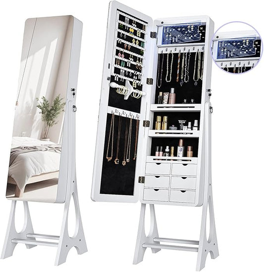 Espejo Joyero con Luces LED y Llave | Espejo Organizador de Pie y de Puerta con Almacenamiento para Joyería – 155×42×36 cm