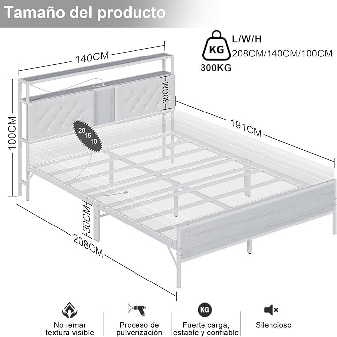 Base de Cama Matrimonial 1.4m con Cabecero Tapizado, Luces LED, 2 Salidas AC y 2 Puertos USB – Almacenamiento Incluido