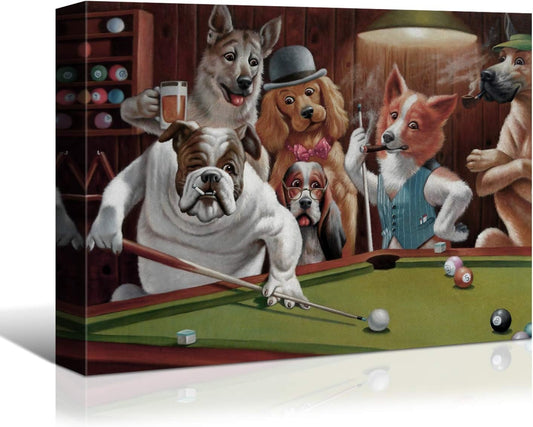 Canvas Wall Art - Dogs Playing Billiards Art Reproduction - Giclee Canvas Print Gallery Wrap Modern Home Decor Ready to Hang - 16x12 inches