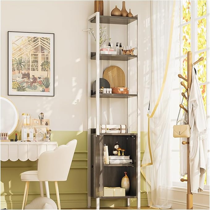 Librero Gris Roble Estilo Bohemio – Multiusos para Cocina, Baño y Salón, 176CM con Puerta de Gabinete