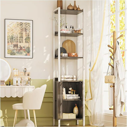 Librero Gris Roble Estilo Bohemio – Multiusos para Cocina, Baño y Salón, 176CM con Puerta de Gabinete