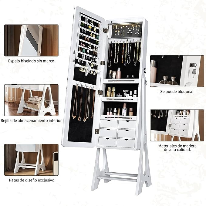 Espejo Joyero con Luces LED y Llave | Espejo Organizador de Pie y de Puerta con Almacenamiento para Joyería – 155×42×36 cm