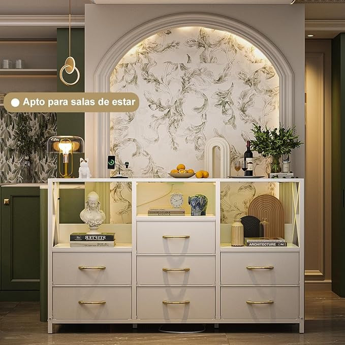 Cajonera Tocador con Luz LED y Enchufe | Mueble Organizador con 7 Cajones de Tela para Recámara Moderna