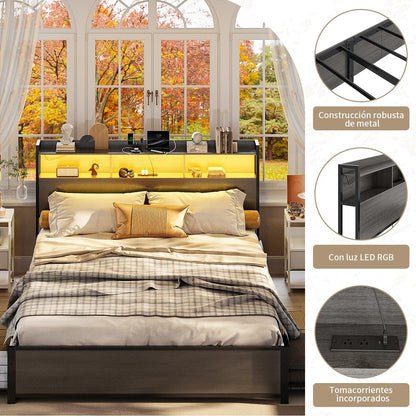 Base de Cama Matrimonial 1.4 m Simple Hogar – Con Almacenamiento, 2 Cajones, 2 Salidas de Carga, 2 Puertos USB y Luces LED