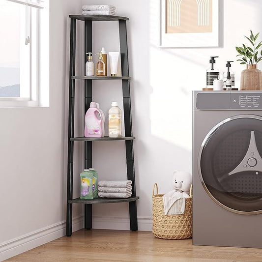 Estante Esquinero de Madera Maciza de 4 Niveles – Librero Decorativo para Sala, Cocina o Dormitorio, Color Roble Gris