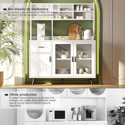 Alacena de Cocina Simple Hogar – Gabinete Multiusos con Puertas de Cristal Templado y Cajones de Madera, Compacto y Fácil de Instalar
