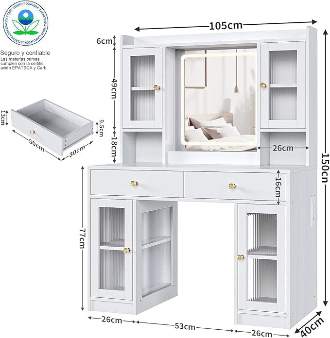 Simple Hogar Tocador de Maquillaje con Espejo LED, 3 Modos de Luz, 2 Cajones y 4 Armarios, Tocador Vanity para Recámara con Regleta