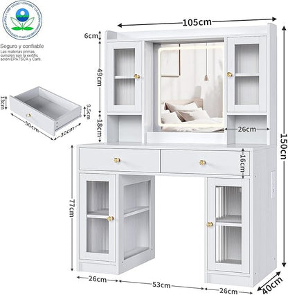 Simple Hogar Tocador de Maquillaje con Espejo LED, 3 Modos de Luz, 2 Cajones y 4 Armarios, Tocador Vanity para Recámara con Regleta