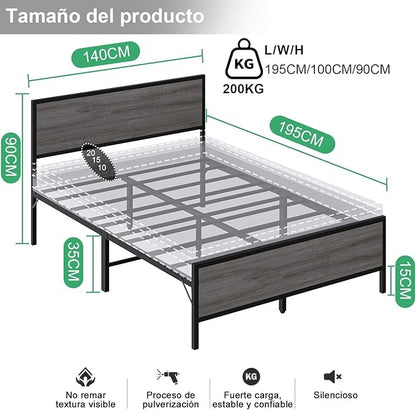 Base de Cama Matrimonial con Cabecera y Pie – Estructura Metálica Resistente con Lamas de Soporte | Diseño Simple y Moderno para Dormitorio