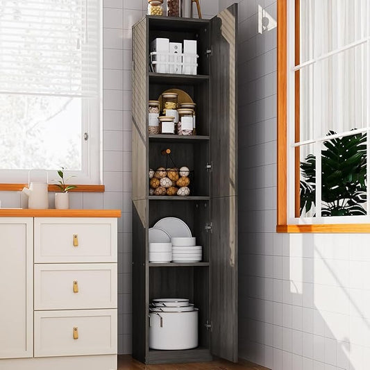 Mueble Organizador de 5 Niveles con Puertas | Librero Estrecho de Madera para Cocina, Sala o Despensa