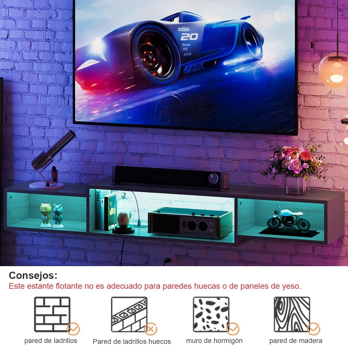 Mueble Flotante para TV 70" en Gris Oak – LED, 3 Espacios Abiertos, Enchufe Americano, Moderno y Ahorrador de Espacio