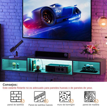 Mueble Flotante para TV 70" en Gris Oak – LED, 3 Espacios Abiertos, Enchufe Americano, Moderno y Ahorrador de Espacio