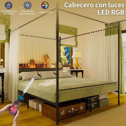 Cama Matrimonial con Mosquitera – Estructura 1.4M, Cabecero, Barra, 2 Puertos USB, Tomas de Carga y Luz LED