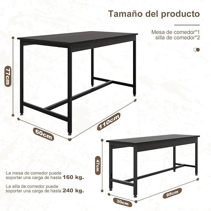 Juego de Comedor 4 Personas con Mesa 110x60 cm y 4 Sillas | Ideal para Espacios Pequeños, Fácil de Limpiar y Montar