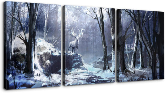 3 Panels Trees Forest Elk Canvas Wall Art Abstract Animals Deer Painting Picture Prints Ready to Hang for Modern Home Office Living Room Decor - 24"x32"x3 Panels