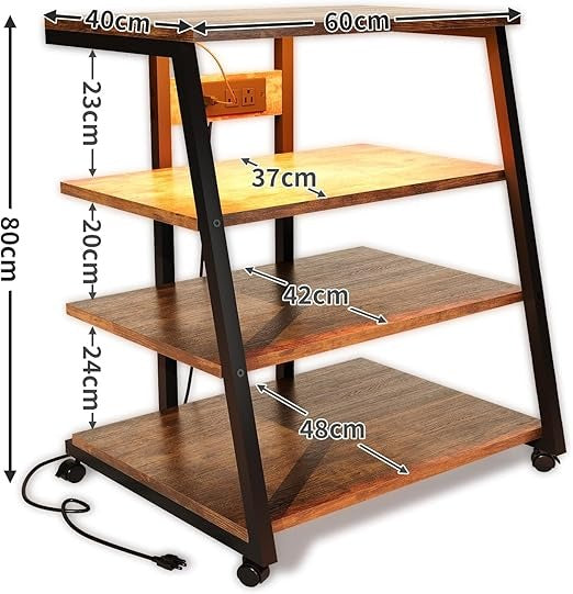 Soporte para Bocinas Vintage 4 Niveles – Estante Multimedia con Ruedas, Regleta, Luz LED y Esquinero 60×48×80 cm
