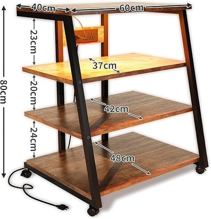 Soporte para Bocinas Vintage 4 Niveles – Estante Multimedia con Ruedas, Regleta, Luz LED y Esquinero 60×48×80 cm