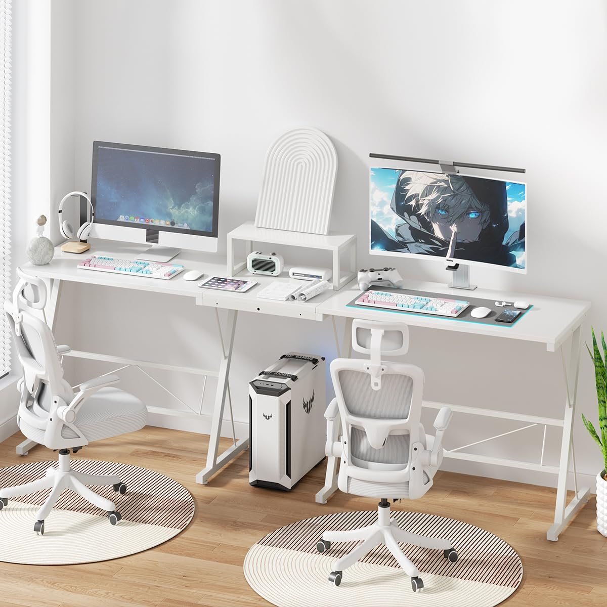 Escritorio en l,con regleta Escritorio en Forma de L Gamer,Escritorio esquinero,con Soporte para Monitor y Toma de Corriente,Escritorio para computadora for Gaming (Blanco)