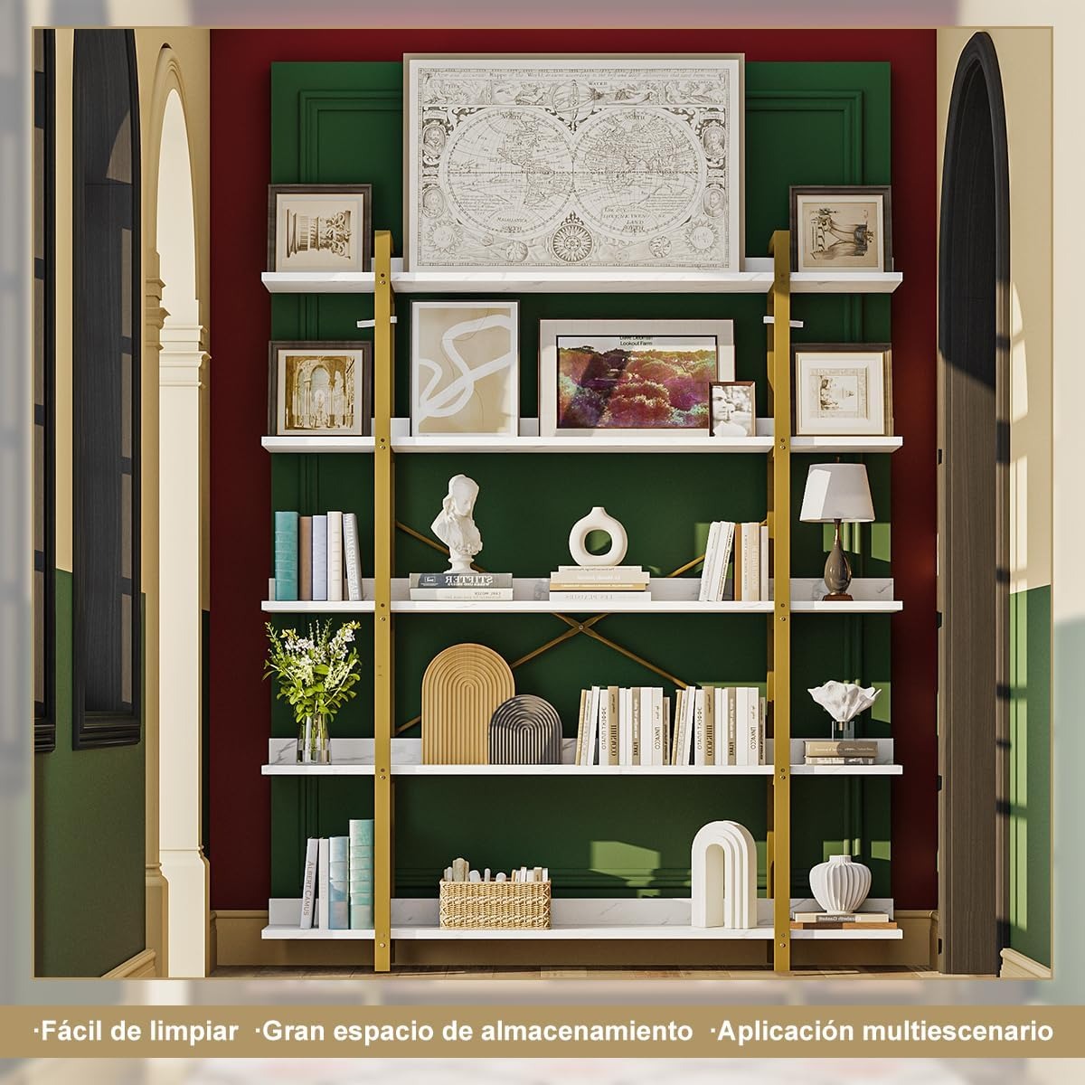 Simple Hogar Librero Organizador 5 Niveles para Sala, Estudio o Cocina – Estilo Contemporáneo, Madera y Metal, 170x120x24 cm, Cada Nivel Soporta 15 kg