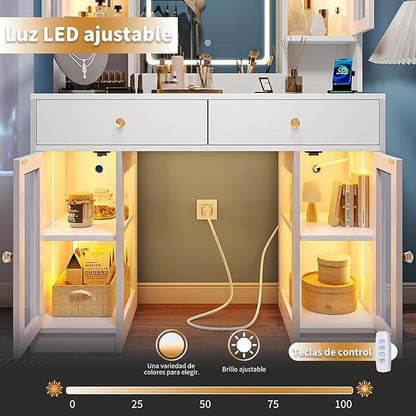Simple Hogar Tocador de Maquillaje con Espejo LED, 3 Modos de Luz, 2 Cajones y 4 Armarios, Tocador Vanity para Recámara con Regleta