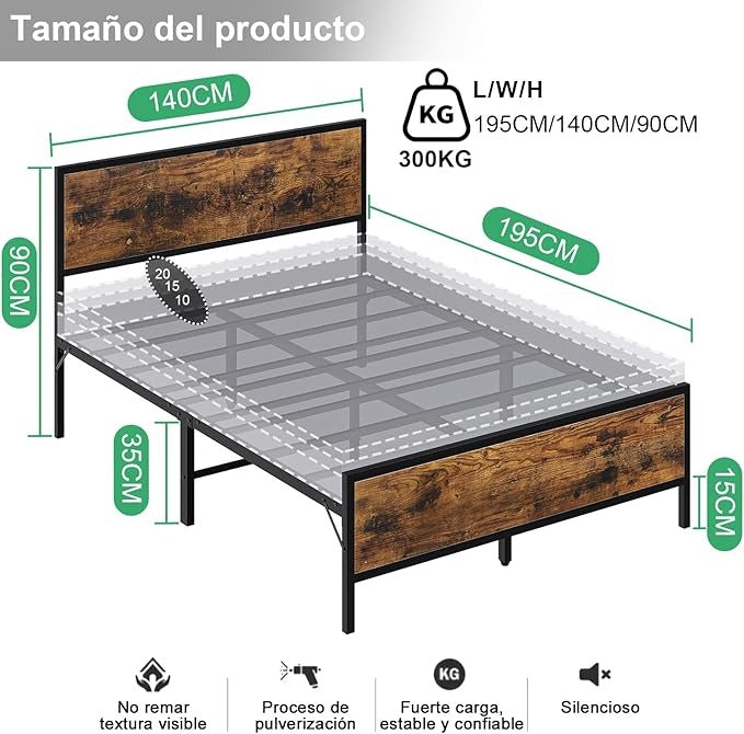 Base de Cama Matrimonial con Cabecera y Pie – Estructura Metálica Resistente con Lamas de Soporte | Diseño Simple y Moderno para Dormitorio