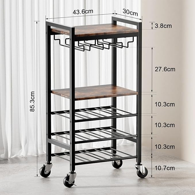Carrito Bar de 5 Niveles con Porta Copas y Botellero para 12 Botellas – Carrito de Servicio Vintage para Hogar, Cocina o Sala de Estar