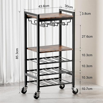 Carrito Bar de 5 Niveles con Porta Copas y Botellero para 12 Botellas – Carrito de Servicio Vintage para Hogar, Cocina o Sala de Estar
